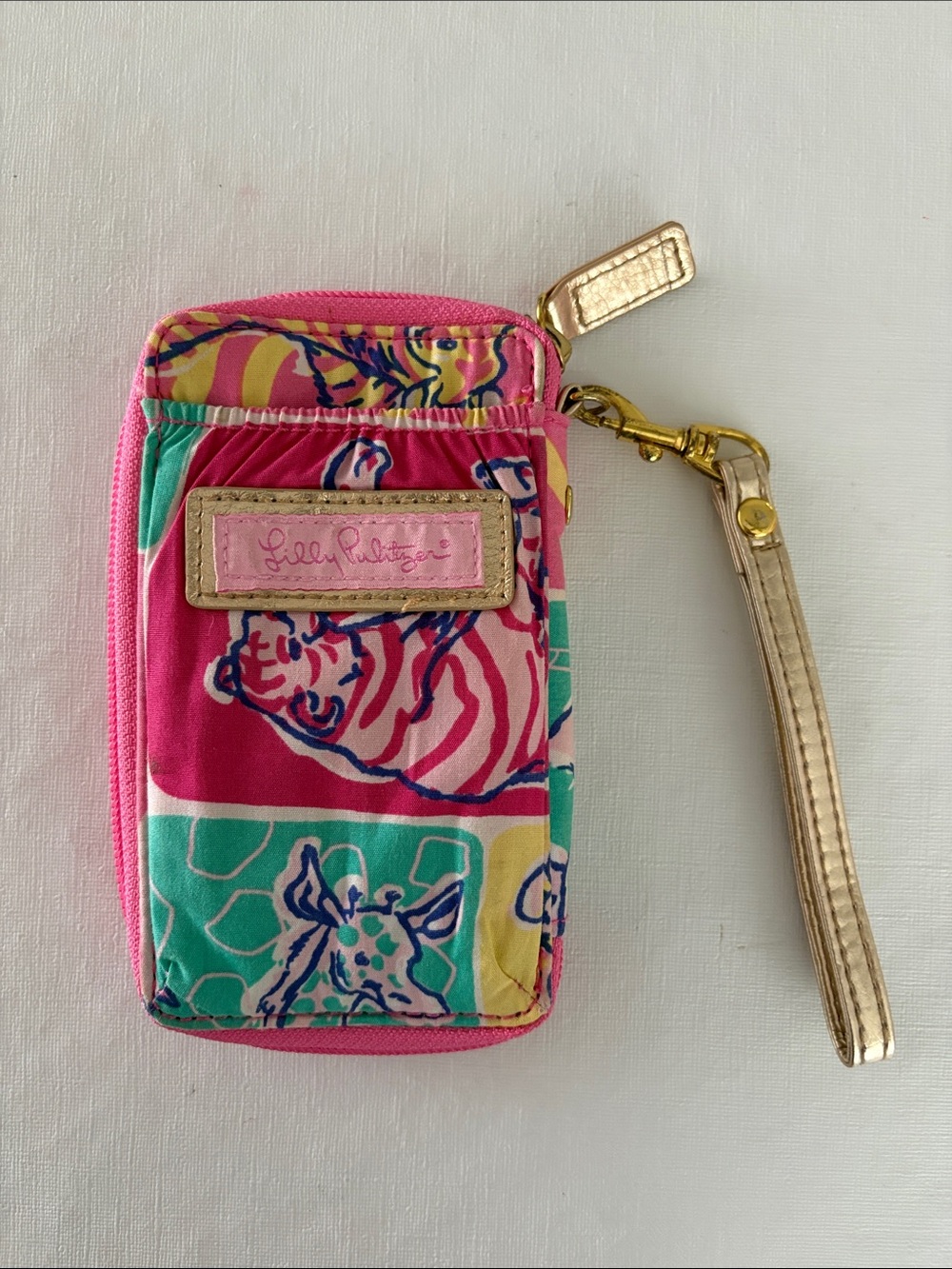 Lilly Pulitzer Multi Colored Zip Wristlet with ID Holder and Gold Strap.